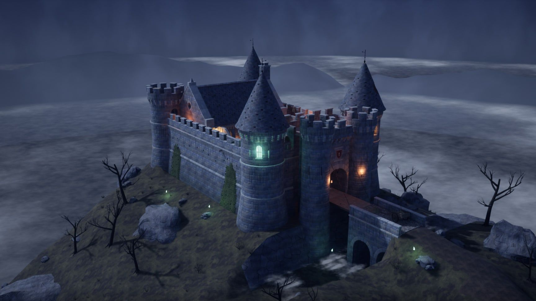 The whole castle over the valley and the road up the hill